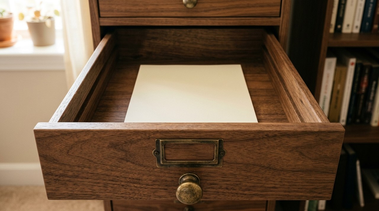 Blank cream paper in a walnut filing cabinet drawer